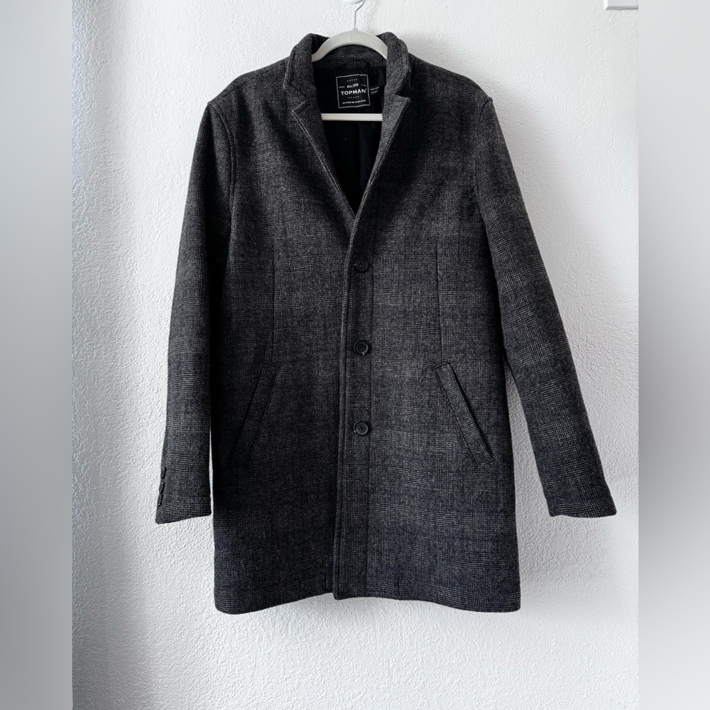 Top Man Plaid Gray Overcoat Wool Blend Slim Fit Size M